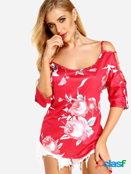 Red Cut Out Floral Print Cold Shoulder 3/4 Length Sleeves