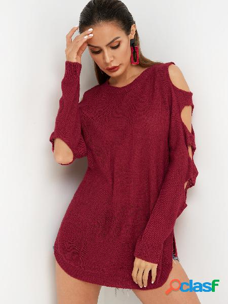 Red Cut Out Plain Crew Neck Long Sleeves Slit Hem Sweaters