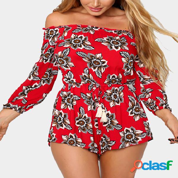 Red Floral Print Off Shoulder Playsuit with 3/4 Length