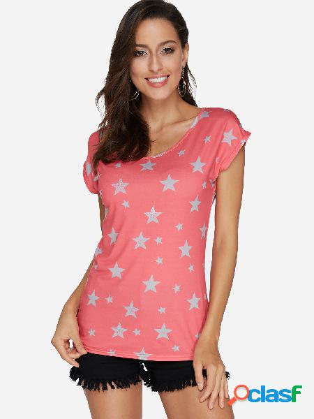 Red Floral Print Round Neck Cap Sleeves T-shirts