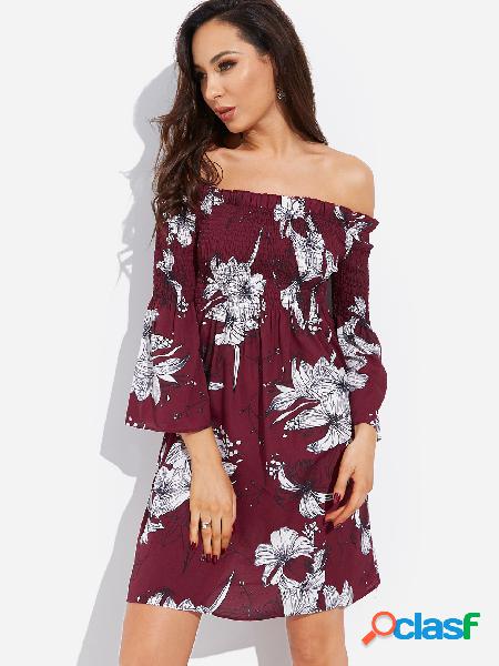 Red Floral Print Shirring Off The Shoulder Bell Sleeves