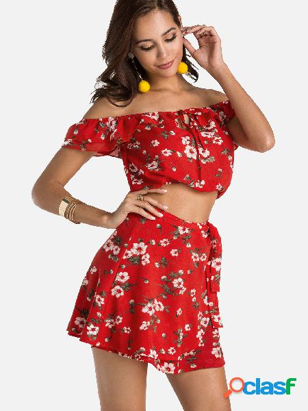 Red Floral Print off The Shoulder Two Piece Sets with Waist