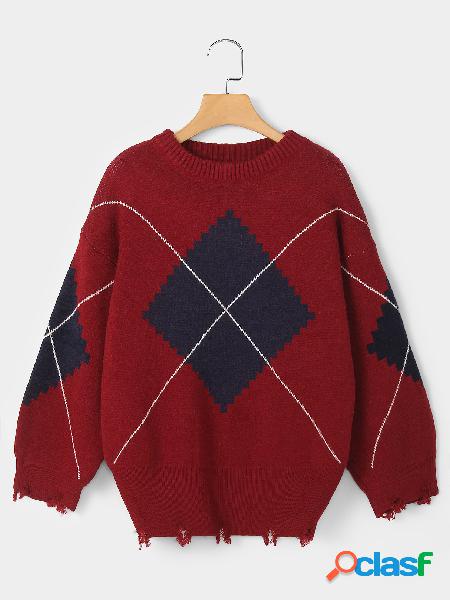 Red Geometrical Round Neck Long Sleeves Ripped Sweater