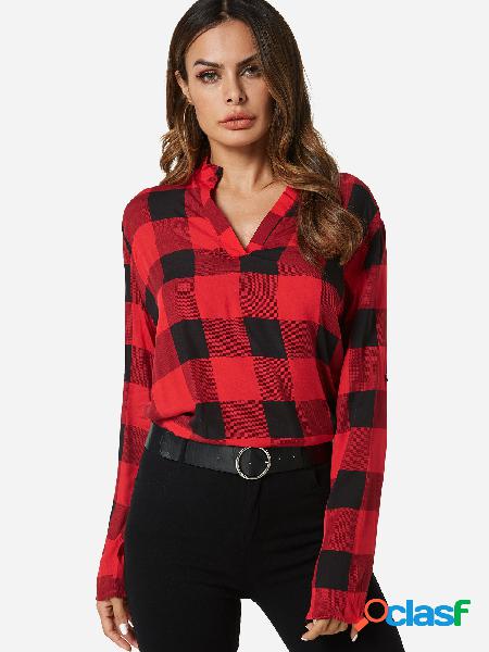 Red Grid Classic Collar Long Sleeves Casual Shirt