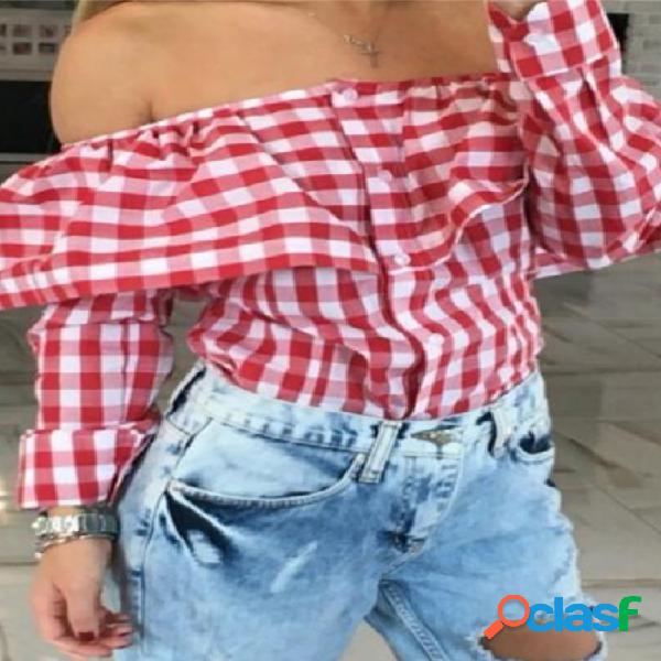 Red Grid Pattern Off The Shoulder Long Sleeves Blouses