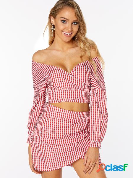 Red Grid Self-tie Design Off The Shoulder Top & High-waisted