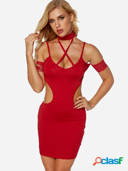 Red Halter Design V-neck High Waist Night Dress