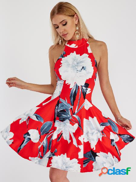 Red Halter Neck Blackless Floral Skater Dress