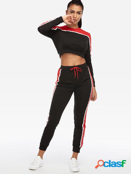 Red Hit Color Crop Top & Drawstring Waist Pant Two Piece
