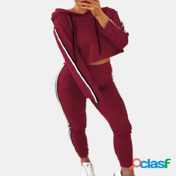 Red Hooded Design Plain Pullover Long Sleeves Activewear