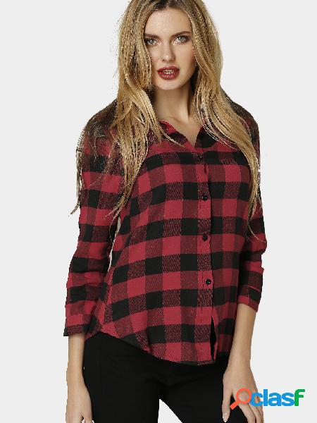 Red Lapel Collar Grid Pattern Button Front Shirt