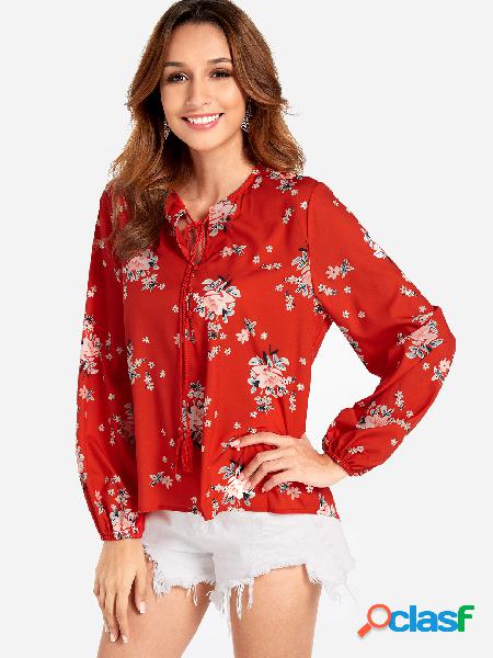 Red Long Sleeve Button Down Floral Top