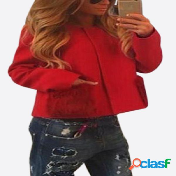 Red Loose Fit Short Outerwear with Fur Pockets Design