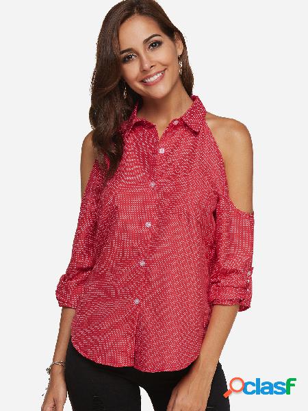 Red Polka Dot Cold Shoulder Long Sleeves Blouse