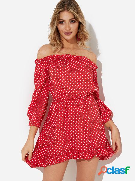 Red Polka Dot Off Shoulder Lantern Sleeves Dress With