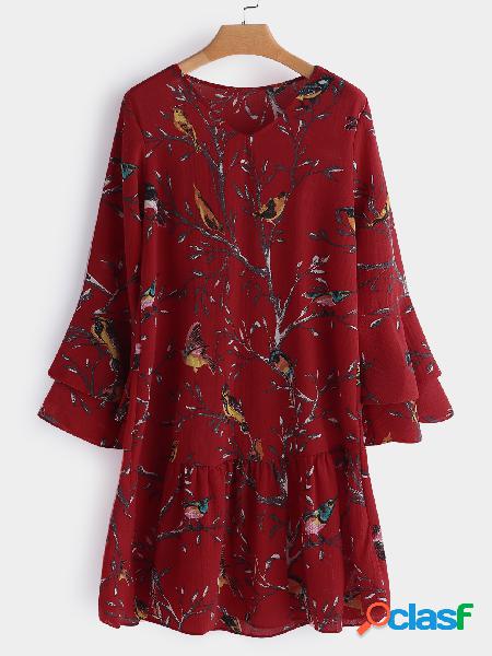 Red Random Floral Print Long Sleeves Dress