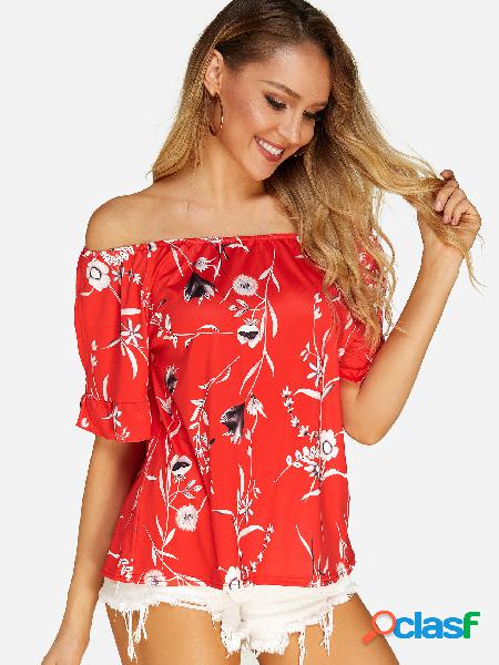 Red Random Floral Print Off The Shoulder Half Sleeves Blouse