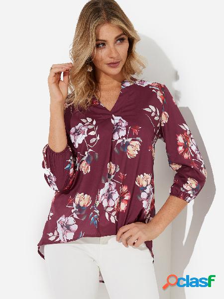 Red Random Floral Print V-neck 3/4 Length Sleeves Curve Hem