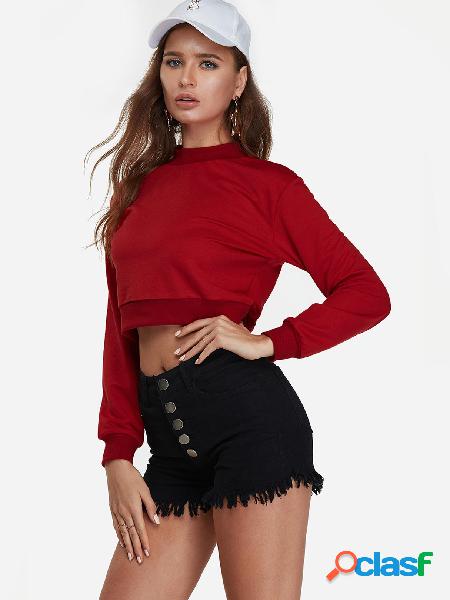Red Round Neck Long Sleeves Crop Top
