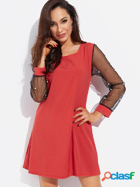 Red Round Neck Long Sleeves See Through Mesh Dress