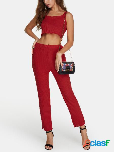 Red Round Neck Sleeveless Top And Long Knitted Trousers Two