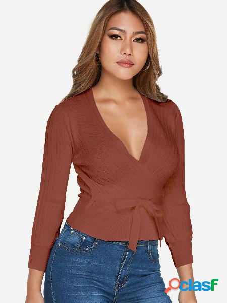 Red Self-tie Design Plain Long Sleeves Sweaters With Deep V