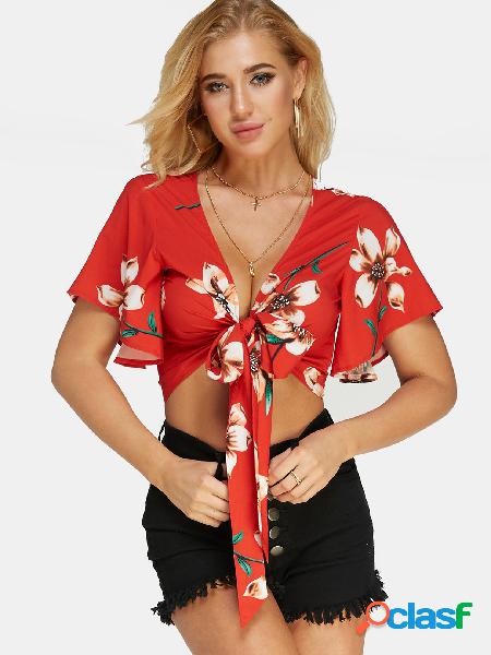 Red Self-tie Design Random Floral Print V-neck Crop Top