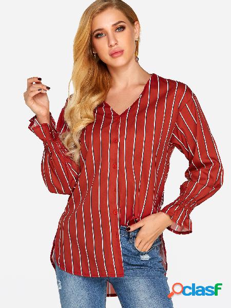 Red Slit Design Stripe V-neck Bell Sleeves Tee