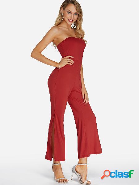 Red Slit Design Tube Top Sleeveless High-waisted Jumpsuits