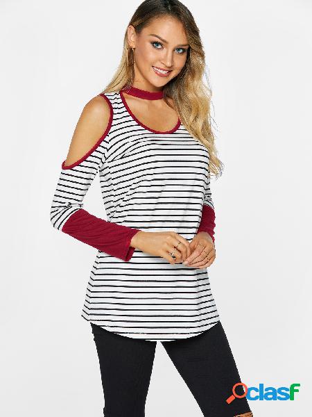 Red Stripe Round Neck Long Sleeves T-shirts