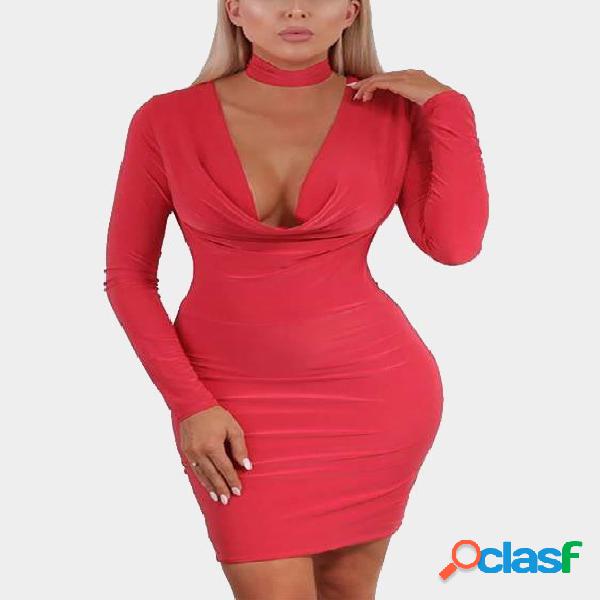 Red V-neck Long Sleeves Bodycon Dress with Choker