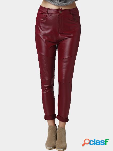 Red Zip & Button Closure Front Fold Leather Trousers