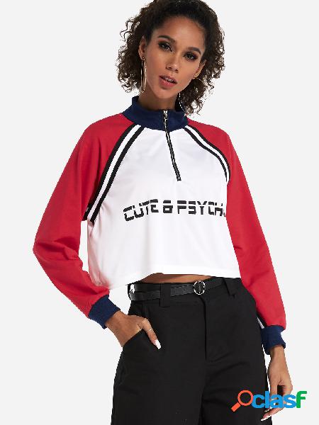Red Zip Design Letter Pullover Long Sleeves Cropped