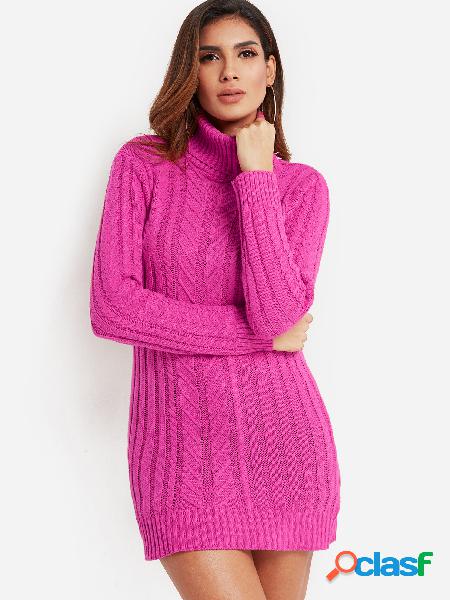 Rose Cable Knit High Neck Long Sleeves Sweater Dress