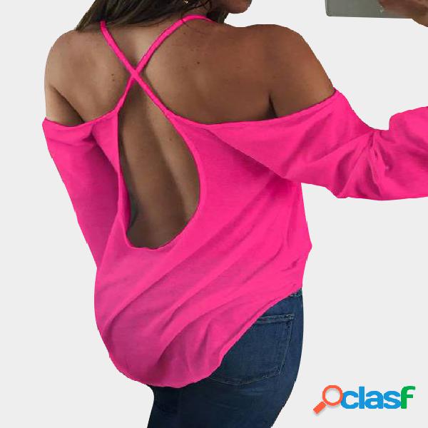 Rose Cold Shoulder Crossed Back Design Scoop Neck T-shirt