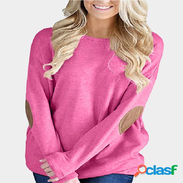 Rose Elbow Patch Round Neck Long Sleeves Top