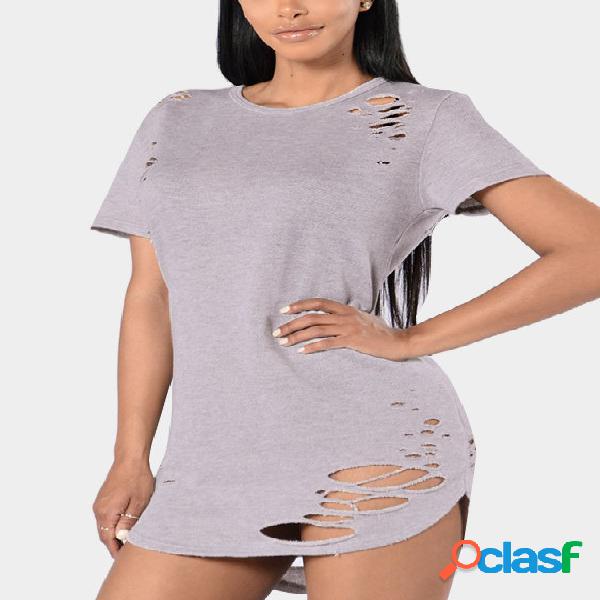 Round Neck Cutout Hollow Design T-shirts in Light Grey
