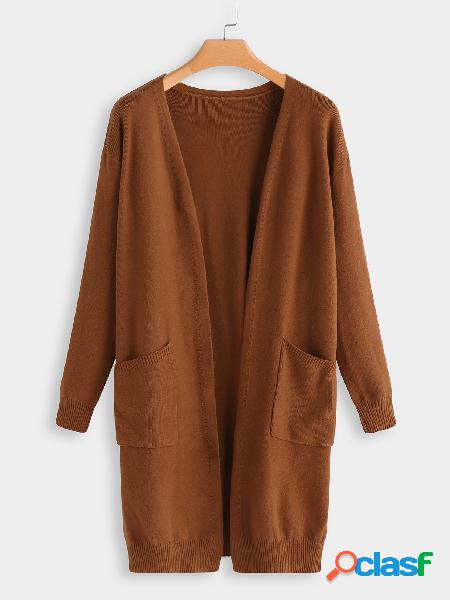 Rust Two Large Pockets Open Front Long Sleeves Longline
