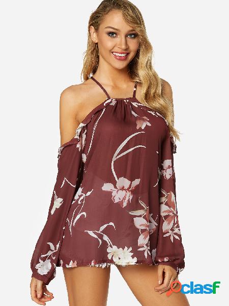 Semi Sheer Random Floral Print Cold Shoulder Lantern Sleeves