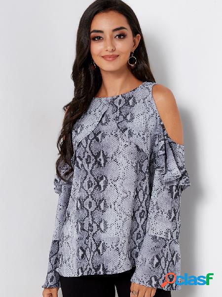 Snake Cold Shoulder Long Bell Sleeves Flouncy Blouse