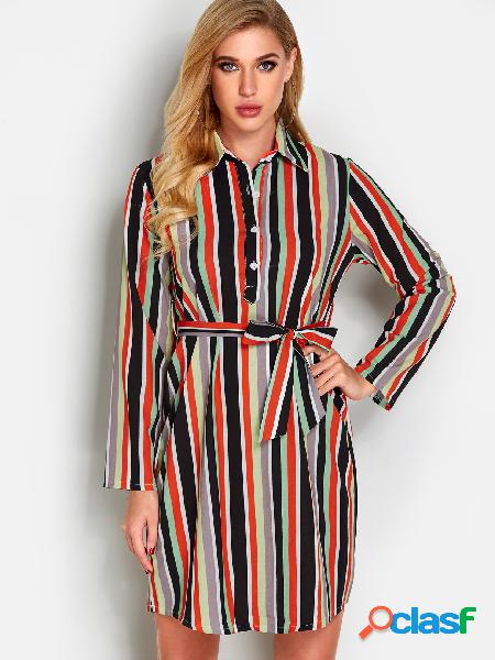 Stripe Button Design Lapel Collar Long Sleeves Loose Waist