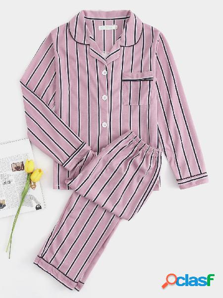 Stripe Pattern Button Front Long Sleeves Pajama Set in Pink