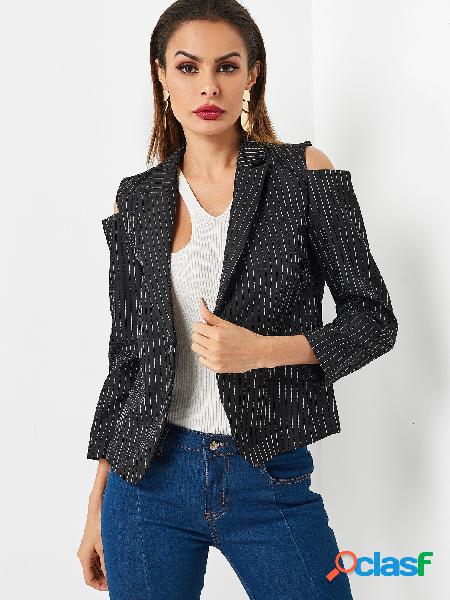 Stripe Pattern Cold Shoulder Long Sleeves Blazer with Button