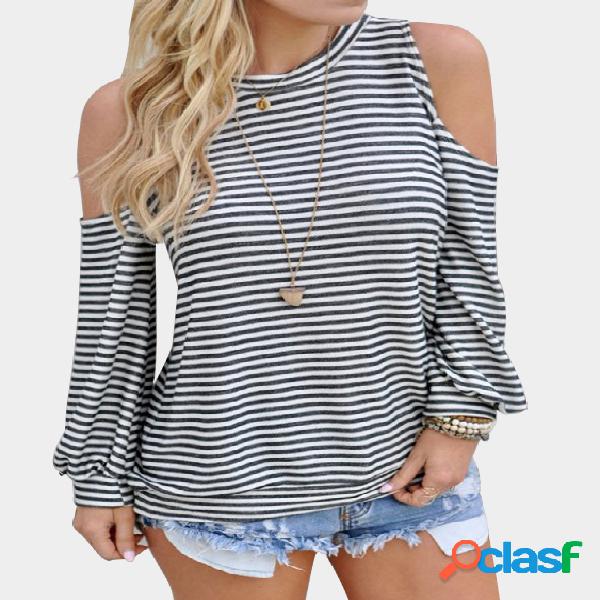 Stripe Pattern Cold Shoulder Round Neck Long Sleeves Top