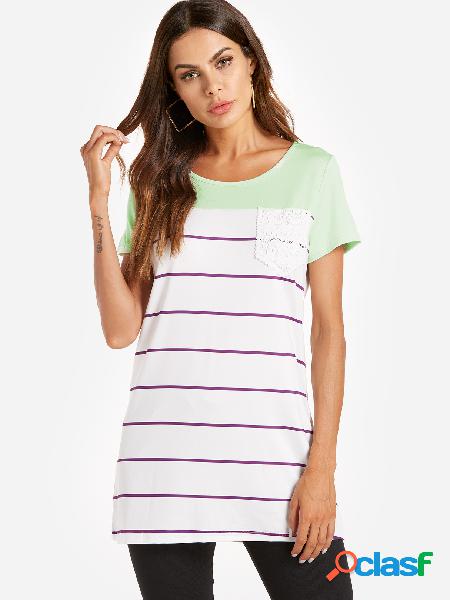 Stripe Pattern Stitching Short Sleeves T-shirts in Green