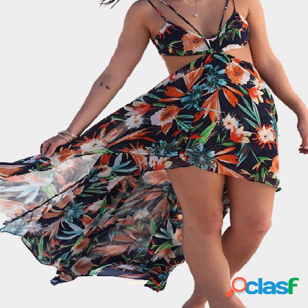 V-neck Multicolor Floral Print Cut Out High Low Hem Dress