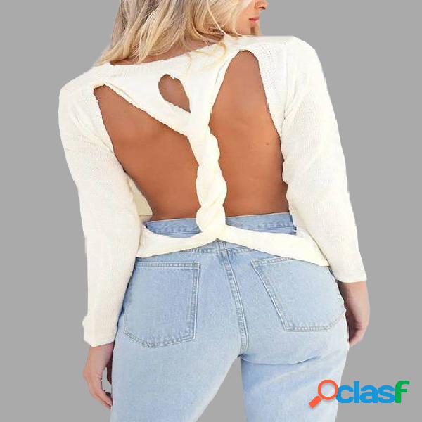 White Backless Design Long Sleeves Pullover Knit Sweater