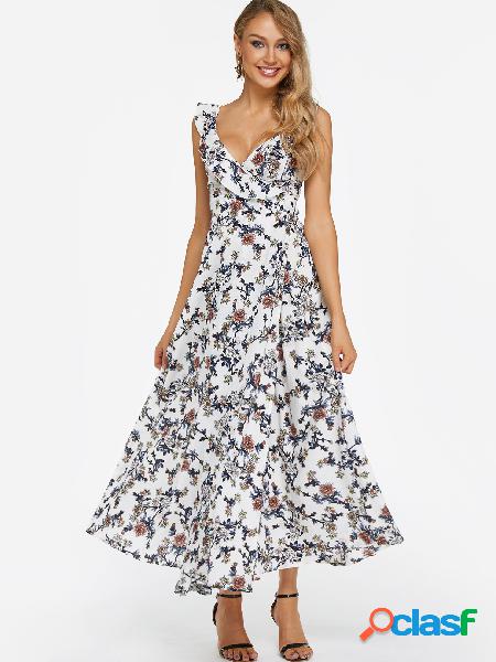 White Backless Design Random Floral Print Maxi Dress