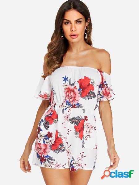 White Backless Design Random Floral Print Off The Shoulder