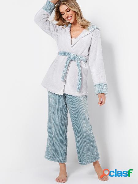 White & Blue Coral Fleece Hooded Pajama Sets with Detachable